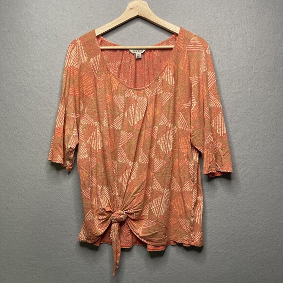Lucky Brand Tie Front Blouse Size 2X Linen Blend 3/4 Sleeve Coral Round Neck - Picture 1 of 6